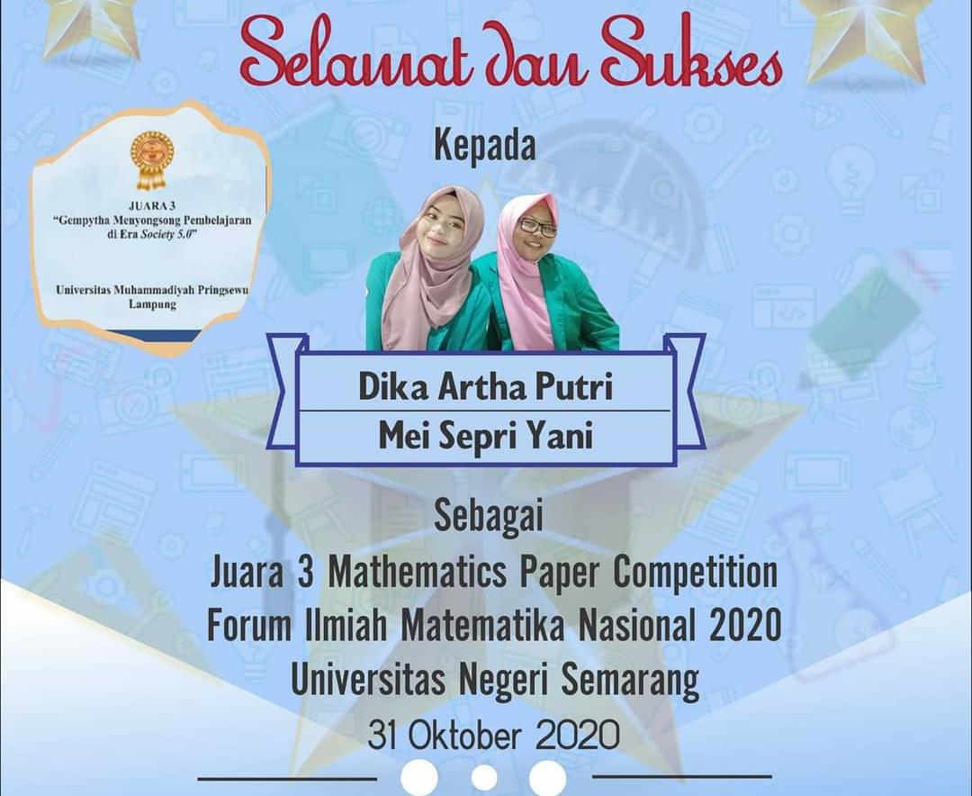 Dua mahasiswI UMPRI raih juara 3 Mahematics Paper Competition Forum Ilmiah Nasional 2020 yang diadakan oleh Universitas Negeri Semarang